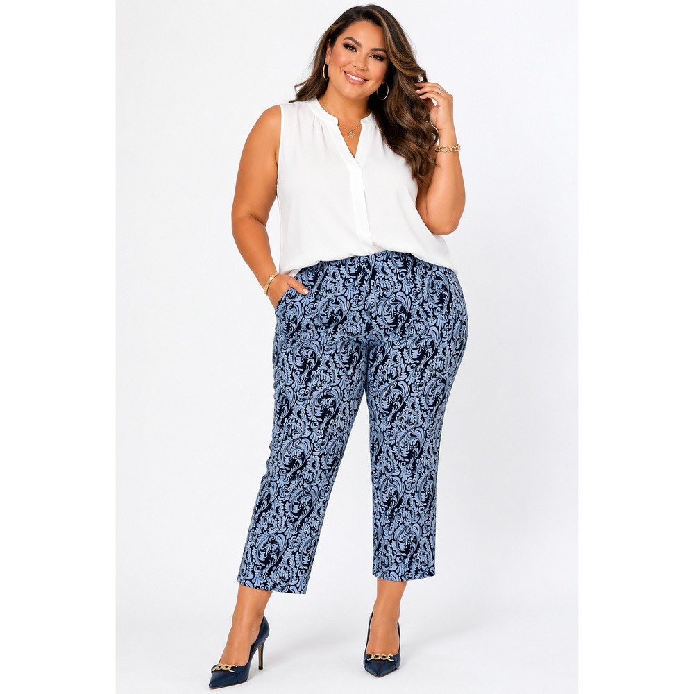 Susan Graver Jeans Blue Paisley Damask Full Leg Stretch Pants Womens 18WP Petite